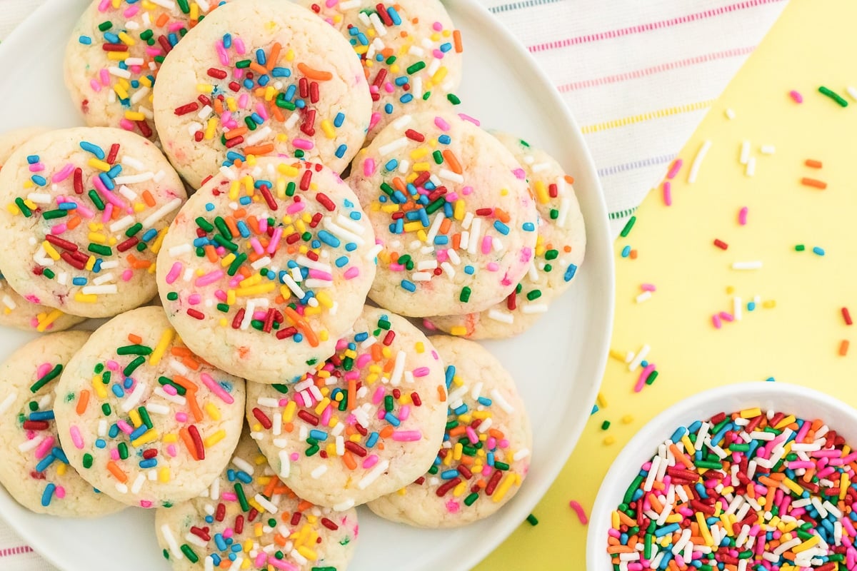 platter of funfetti cookies with sprinkles.