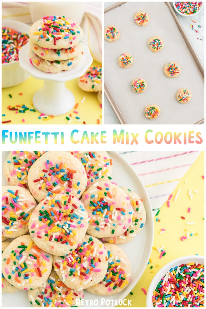 collage of funfetti cookies images with text overlay for pinterest,