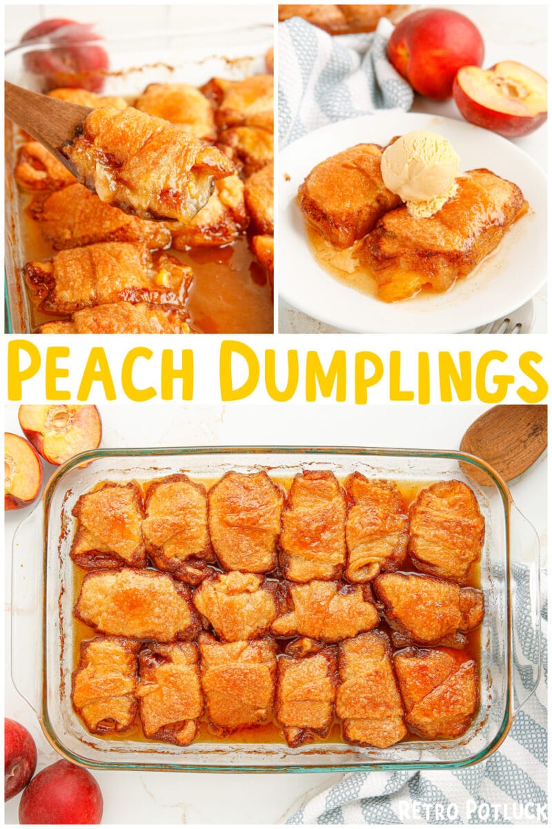 collage of peach dumpling images with text over lay for pinterest.