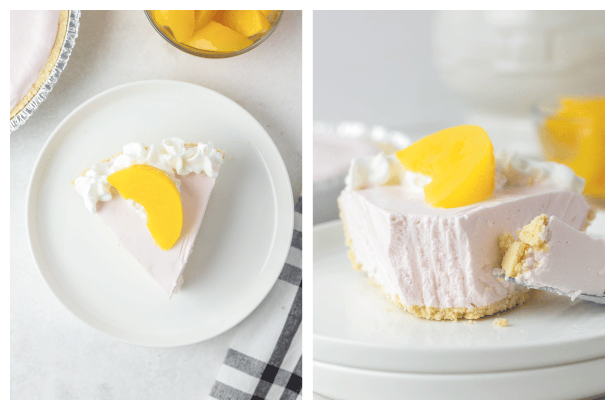 2 images of peach jello pie on a plate.