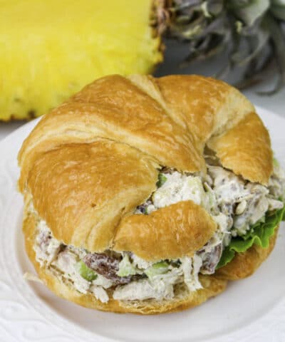 pineapple chicken salad on a croissant.