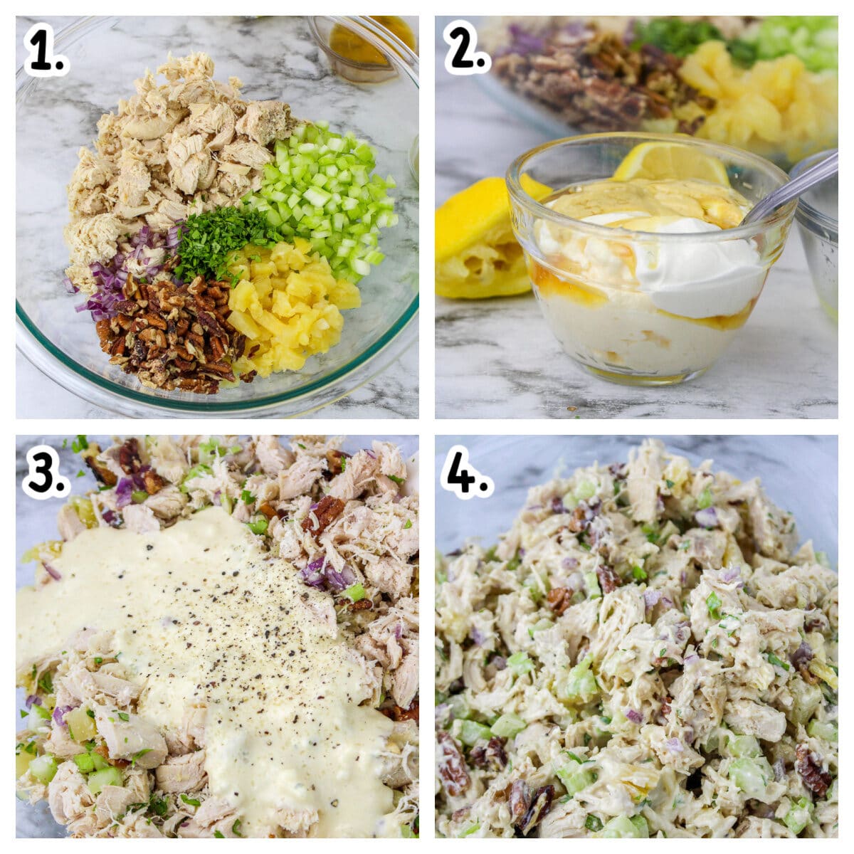 4 images on how to make pineapple chicken salad.