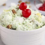 close up of watergate salad in white bowl.