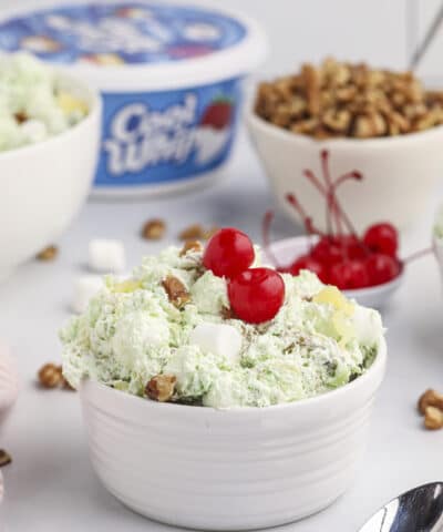 watergate salad in small white bowl.