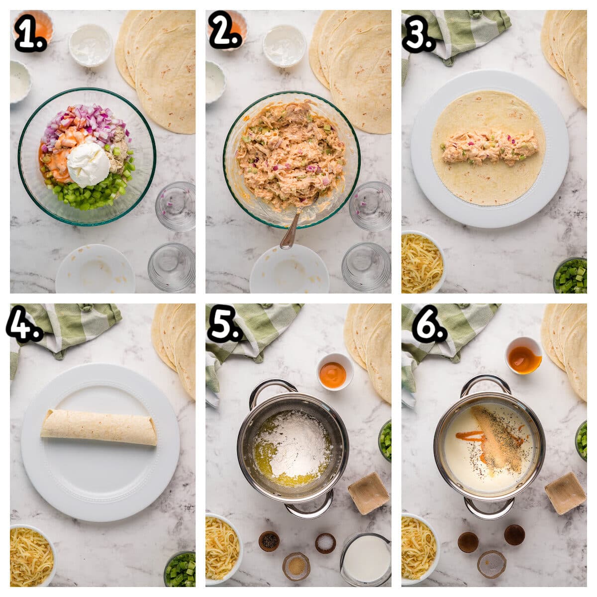 collage on how to make chicken filling and sauce for buffalo chicken enchiladas.