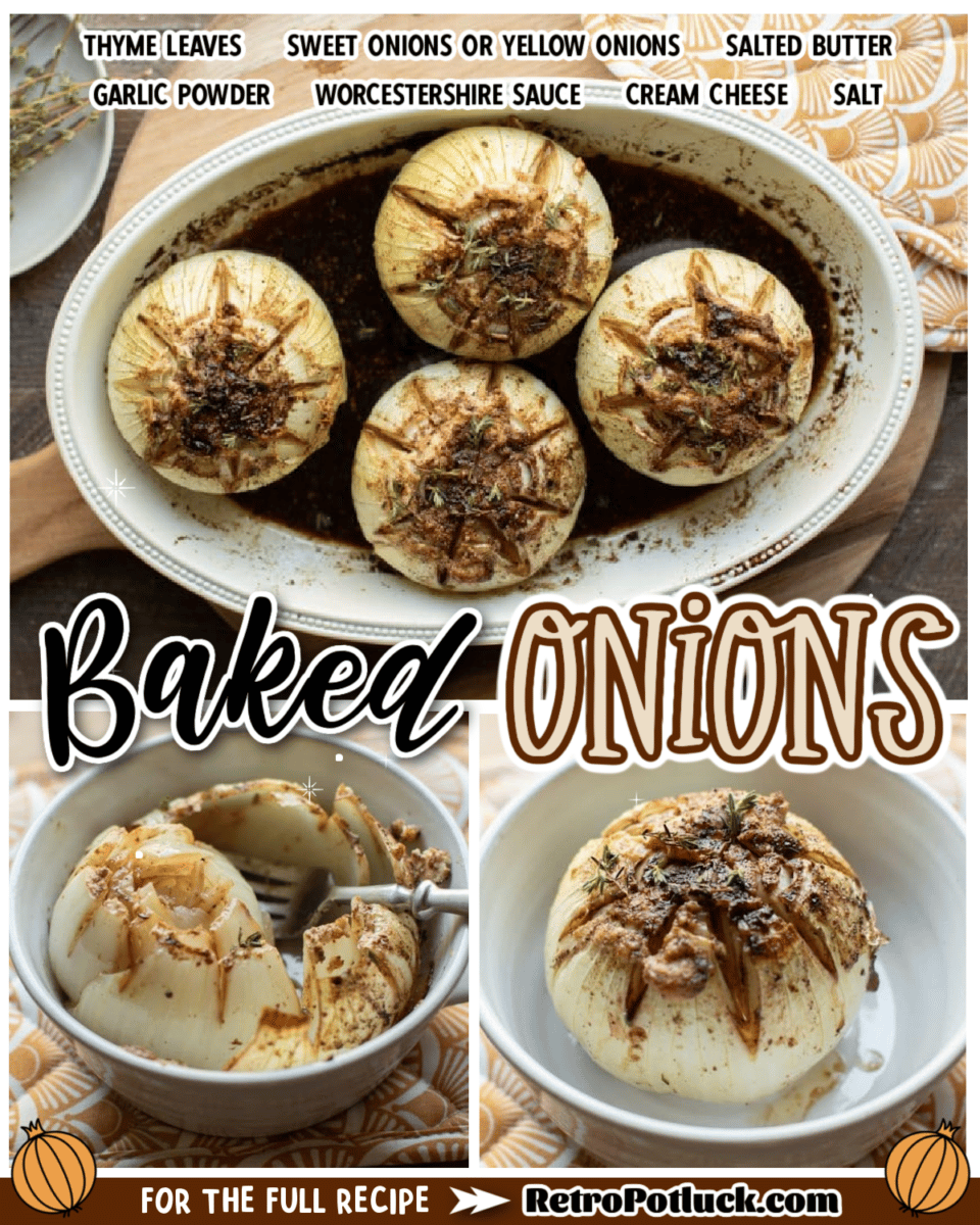 collage of baked onions images with text overlay for pinterest or facebook.