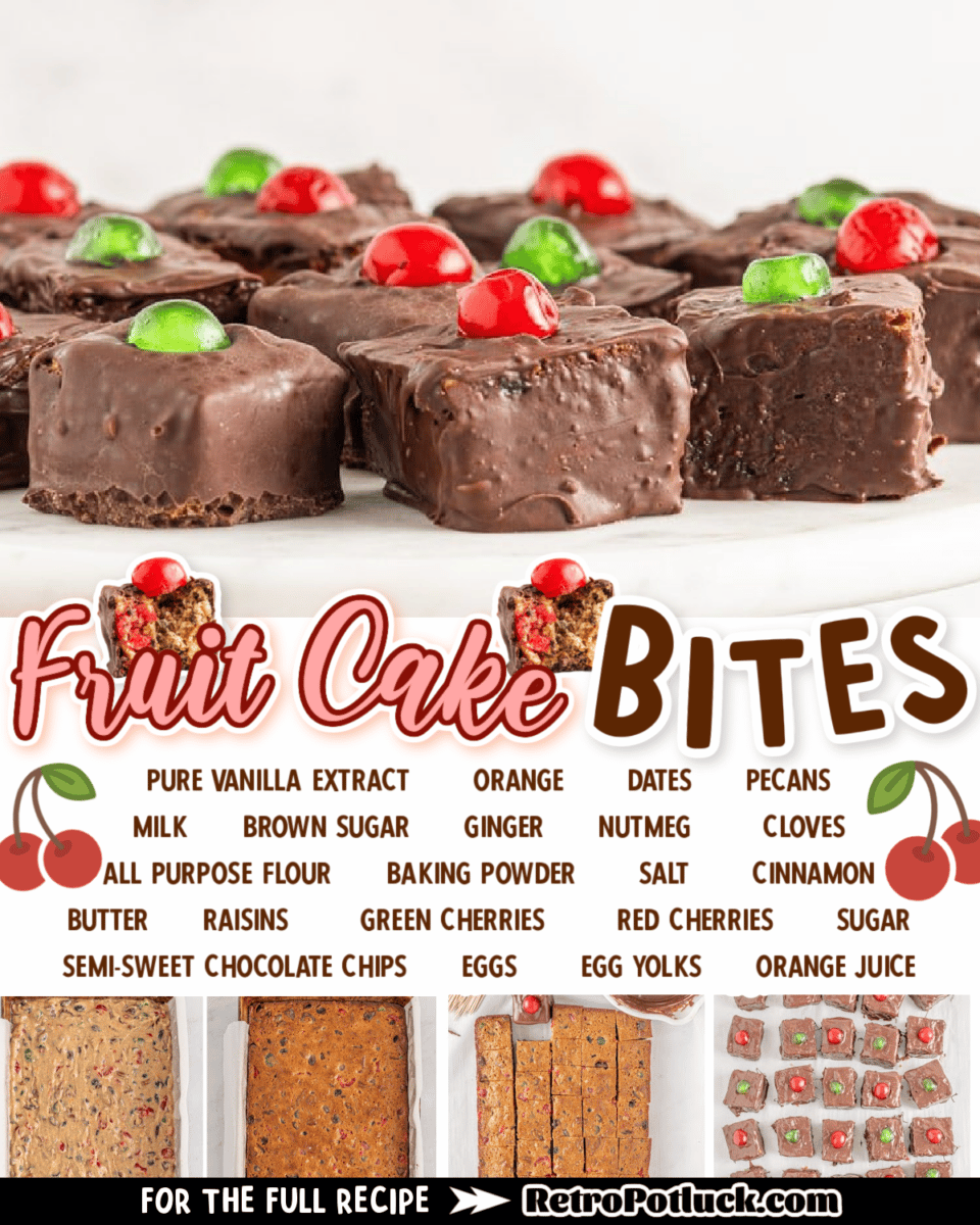 Images of fruit cake bites with text of what the ingredients are.