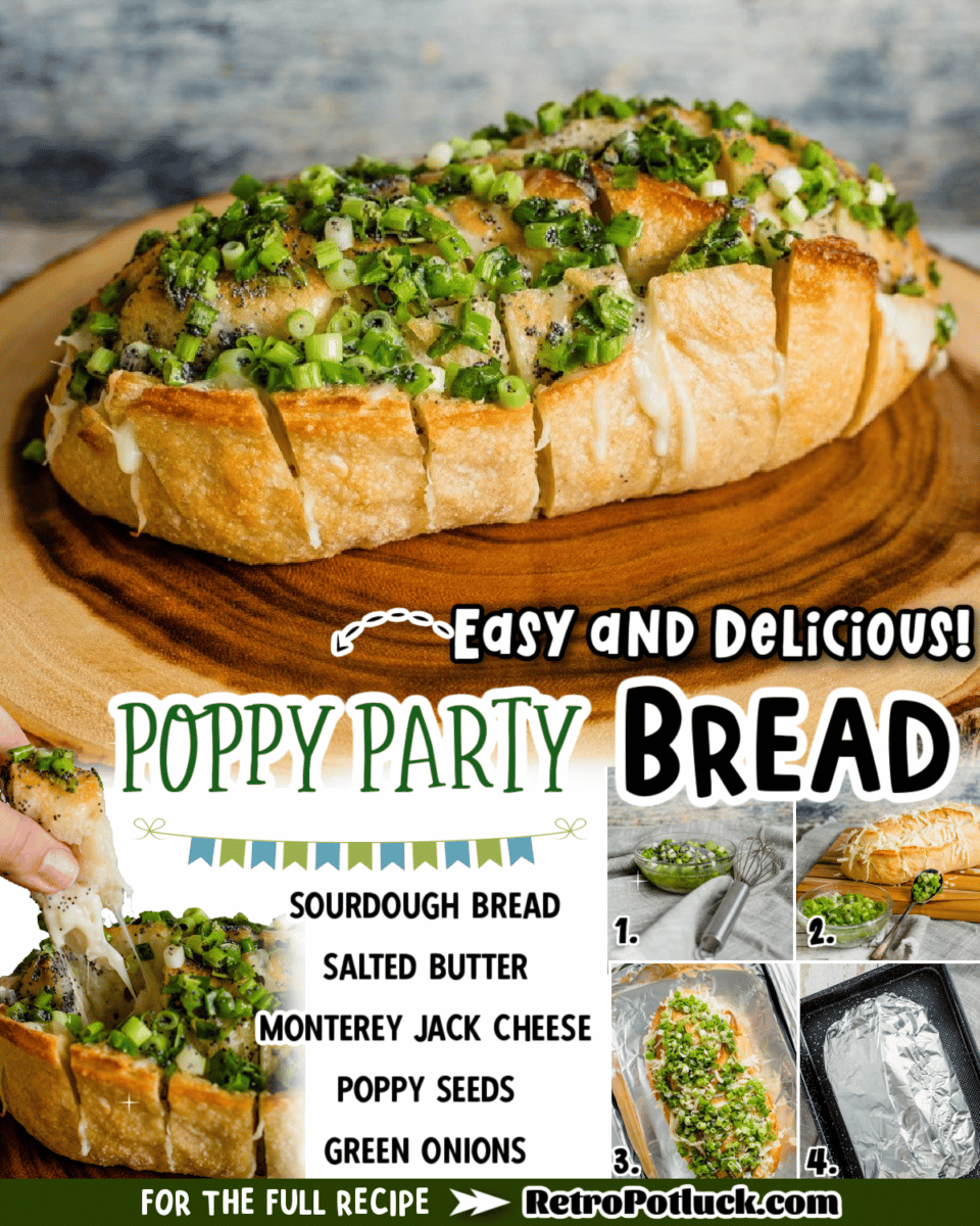 collage of poppy party bread images with text overlay for pinterest or facebook.
