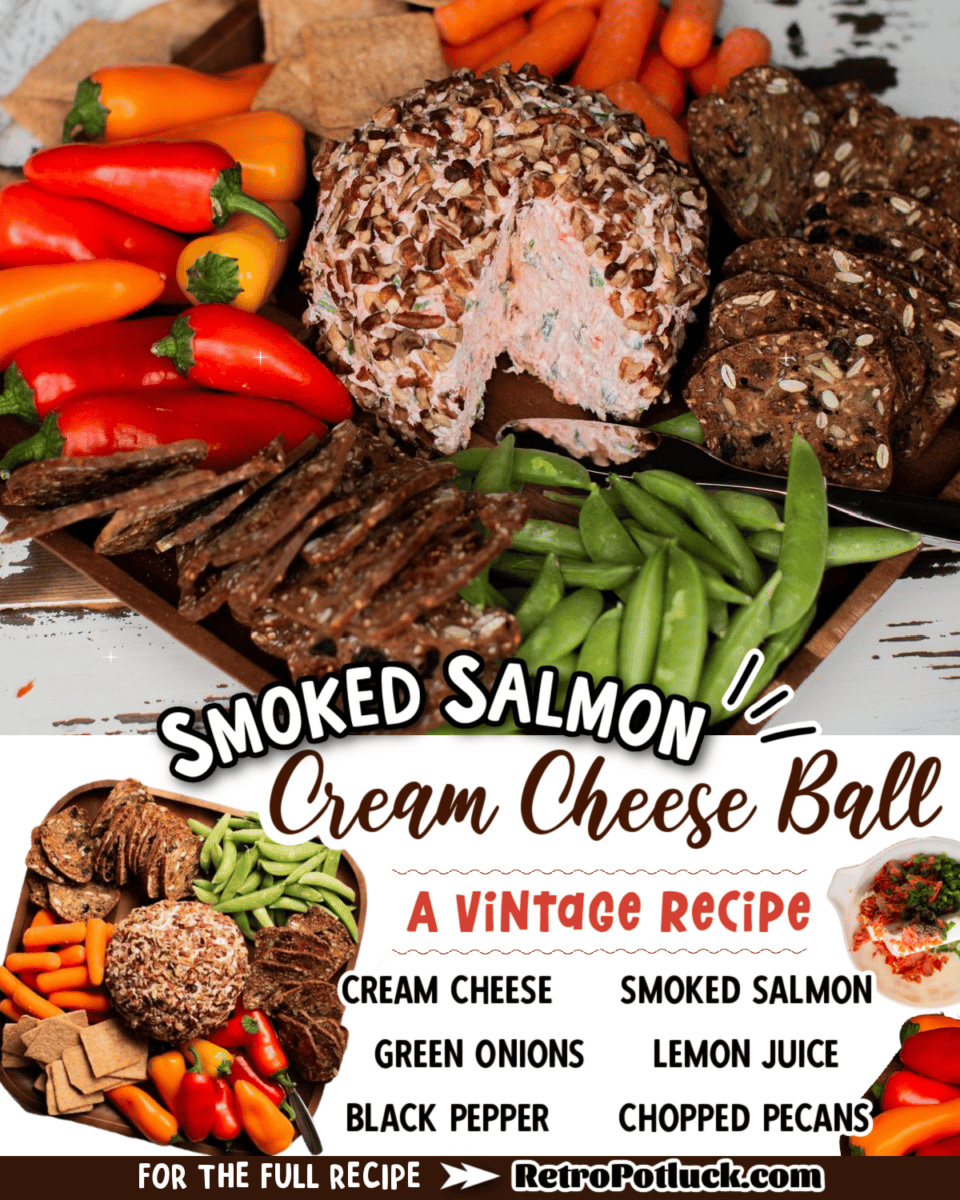 collage of smoked salmon cream cheese ball images with text overlay for pinterest or facebook.
