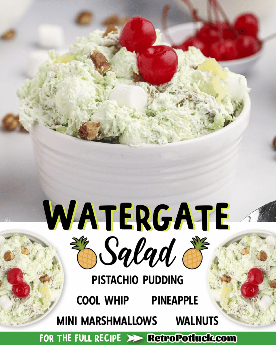 collage of watergate salad images with text overlay for pinterest or facebook.