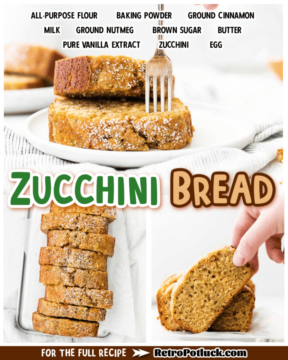 collage of zucchini bread images with text overlay for pinterest or facebook.