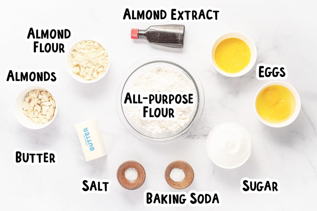 Ingredients for almond cookies on a table.