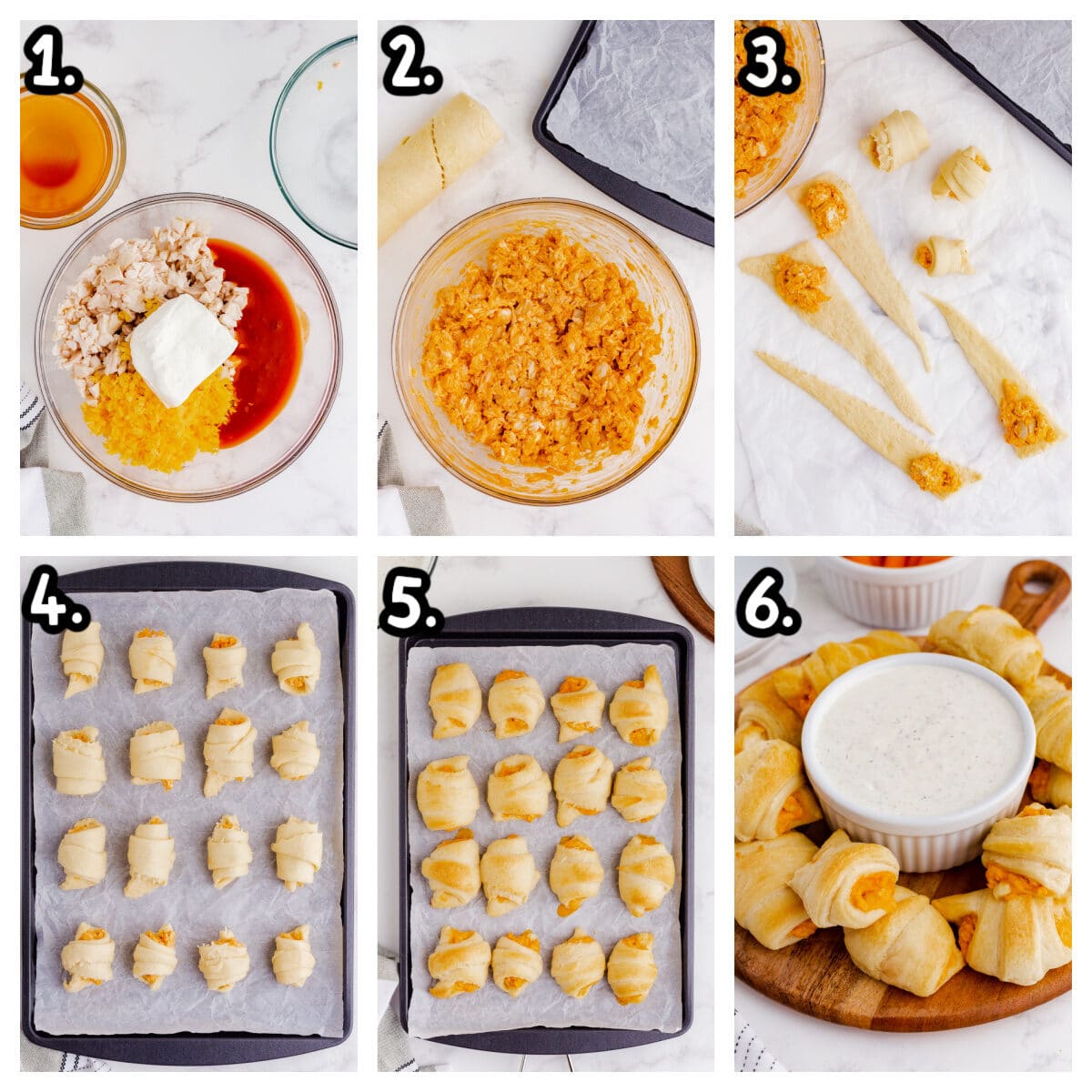 6 images showing how to make buffalo chicken crescents.