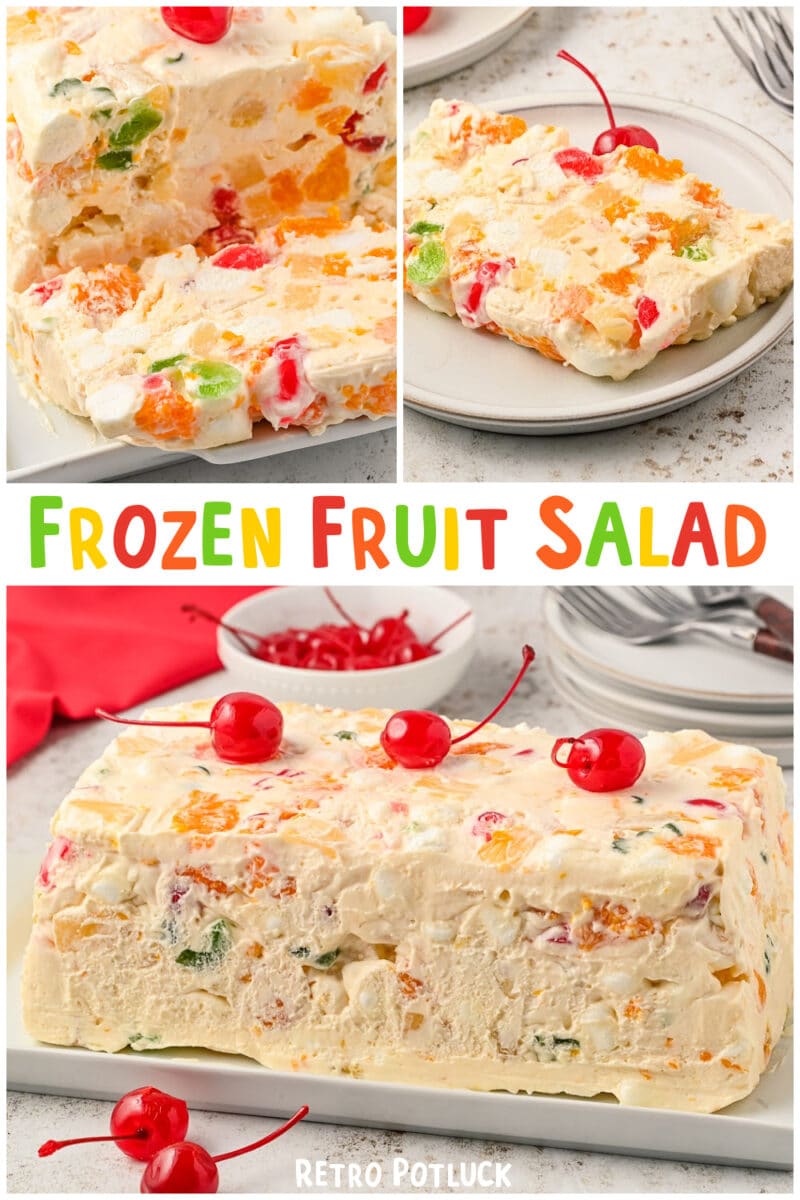 collage of frozen fruit salad with text for pinterest.
