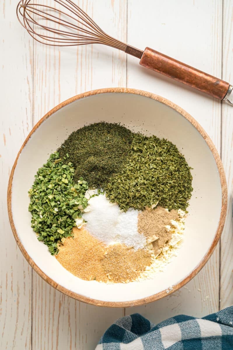 Ingredients for homemade ranch mixin a bowl before combining.