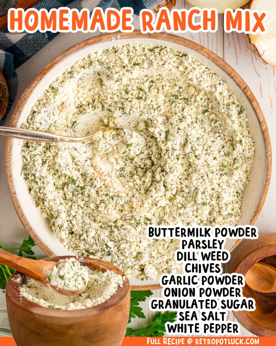 Two images of homemade ranch mix with text list of ingredients.