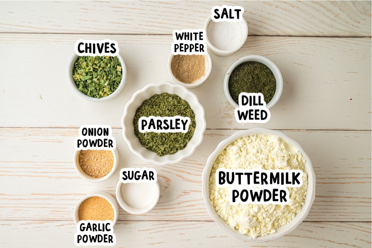 Ingredients for homemade ranch mix on a table.
