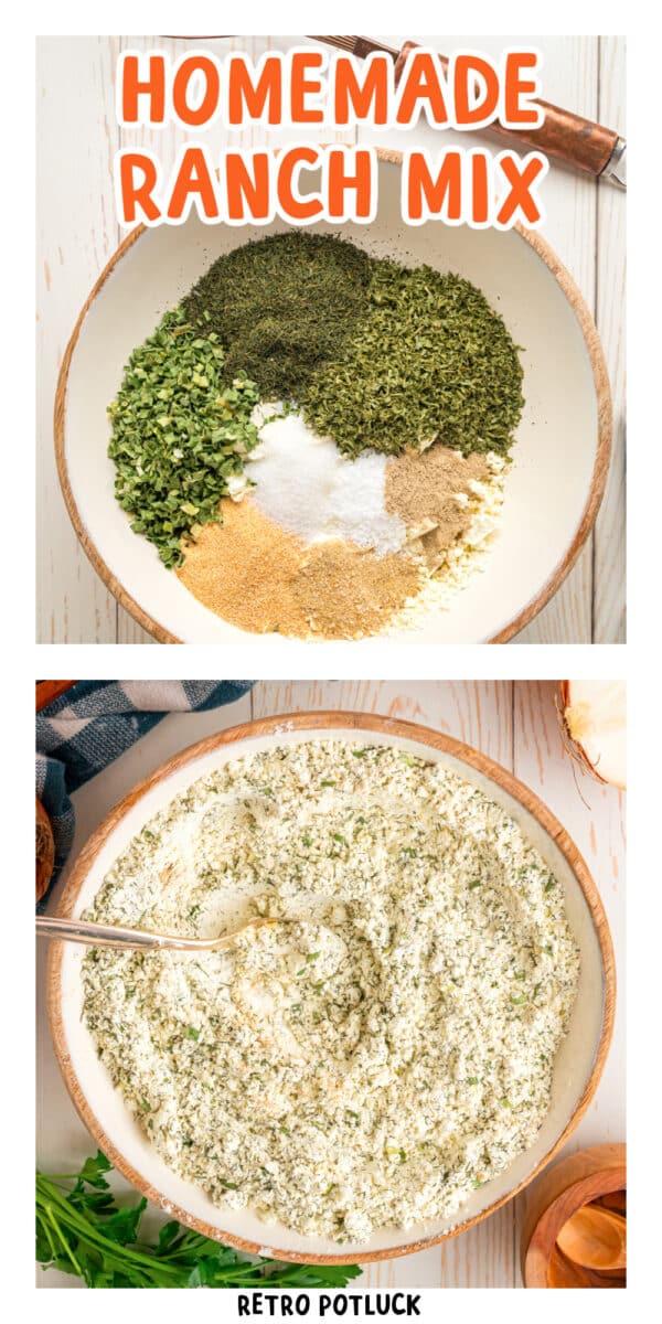 Two images of homemade ranch mix with text title overlay.