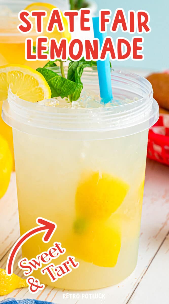 Long image of a plastic jar of lemonade with text overlay.